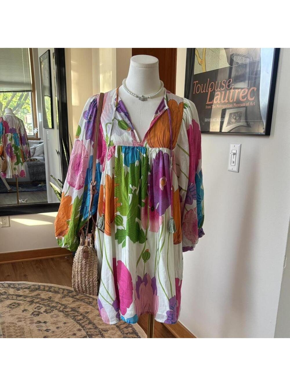 Mille Floral Cotton Tunic Mini Dress Balloon Sleeve Resort Boho S